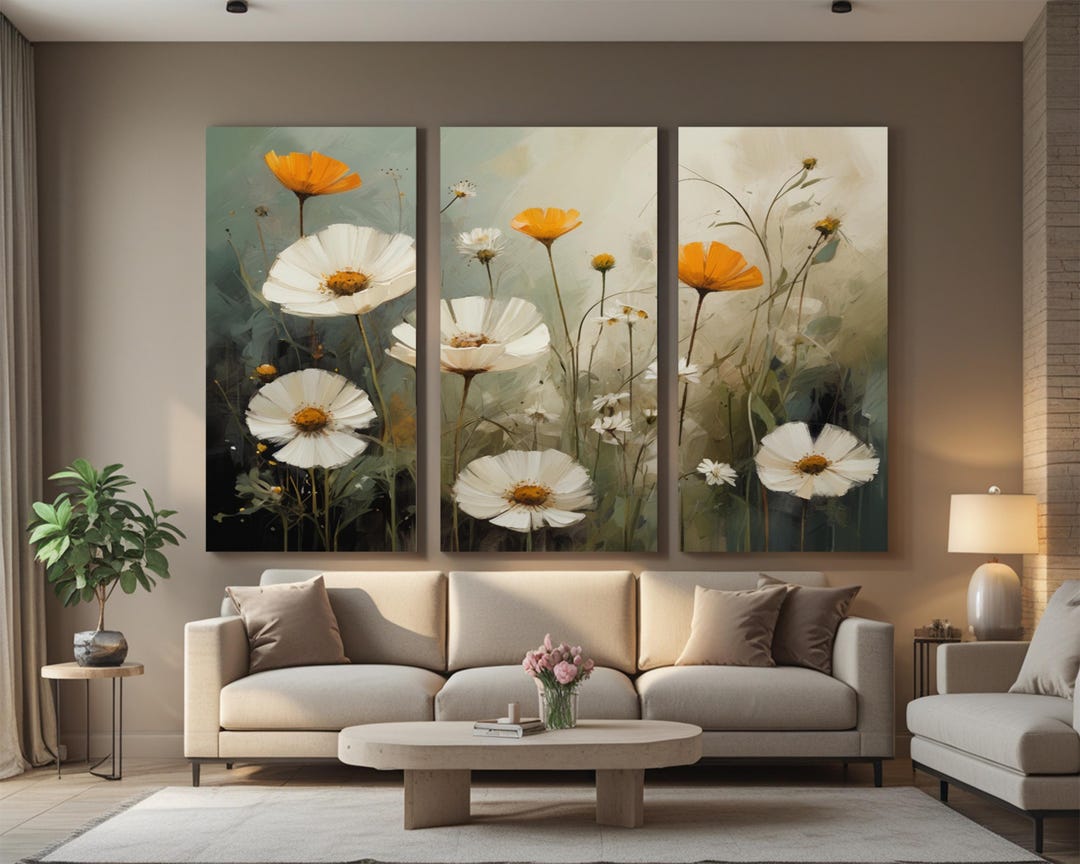 White Daisy Floral Triptych Wall Art – Soft Green Yellow Flower 3 Panel ...