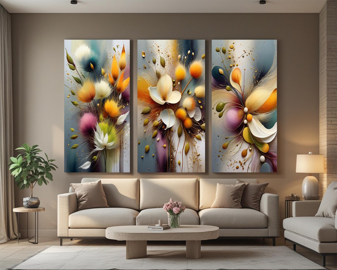 Colorful Abstract Floral Triptych Wall Art – Modern Botanical 3-panel ...