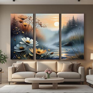 Könnte beinhalten: Triptychon-Leinwandkunst mit einer ruhigen Landschaft mit Fluss, Bäumen und Sonnenuntergang. Das Kunstwerk zeigt im Vordergrund große weiße und gelbe Blumen. Die Farbpalette ist weich, mit Blau-, Orange- und Grüntönen, die eine beruhigende Atmosphäre schaffen.