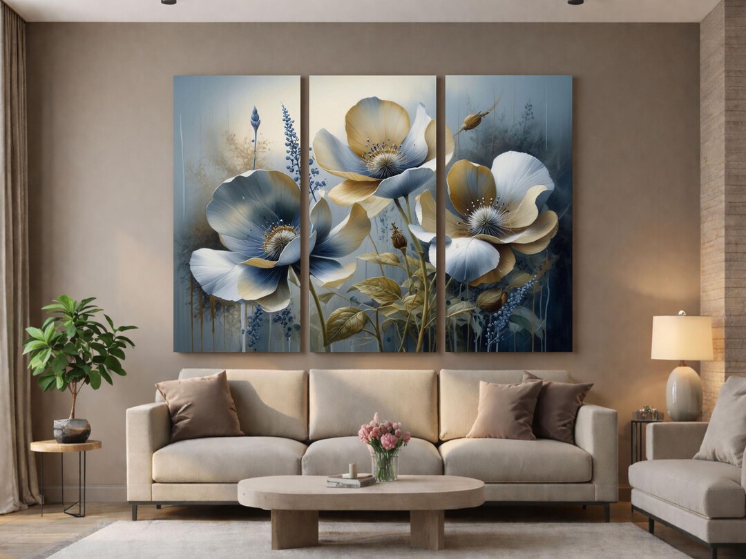 Blue and Gold Floral Triptych Wall Art – Elegant Modern Botanical 3 ...