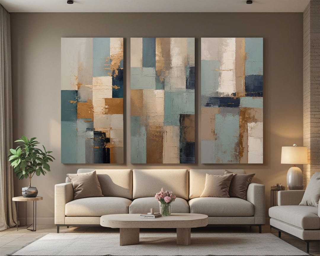 Modern Abstract Triptych Wall Art – Teal, Gold & Neutral Geometric 3 ...