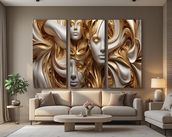 抽象的なゴールドフェイスの三連画ウォールアート - 高級ホワイトゴールド彫刻デジタルプリント