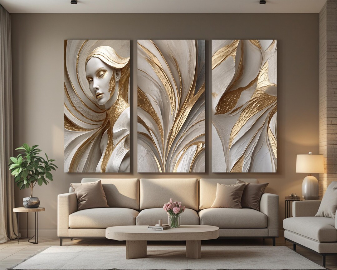 Abstract Gold Woman Triptych Wall Art – Luxury Beige White 3 Piece ...