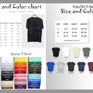 Puede incluir: Imagen del producto que muestra tablas de tallas y colores para camisetas unisex y juveniles. Las tablas incluyen medidas en pulgadas, muestras de color y una camiseta negra en una percha. La imagen tambi&eacute;n muestra una camiseta gris.