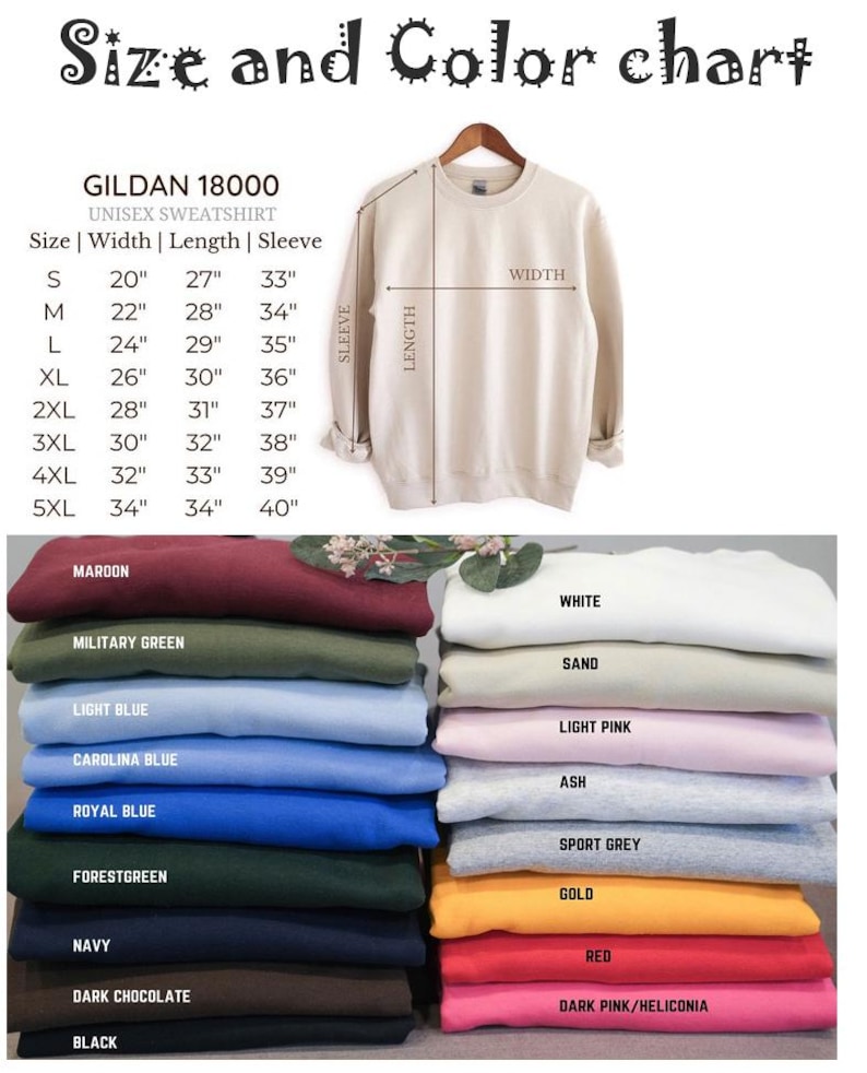 Puede incluir: Una tabla de tallas y colores para una sudadera unisex Gildan 18000. La tabla muestra las medidas para las tallas S-5XL, incluyendo ancho, largo y largo de manga en pulgadas. Se muestran varios colores, como granate y verde militar.