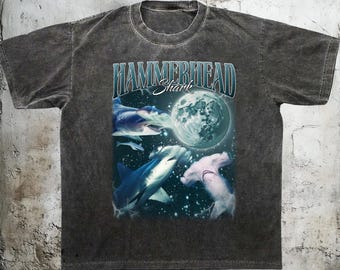 Three Hammerhead Shark Retro Graphic T-shirts, Vintage Shark Moon Tshirt