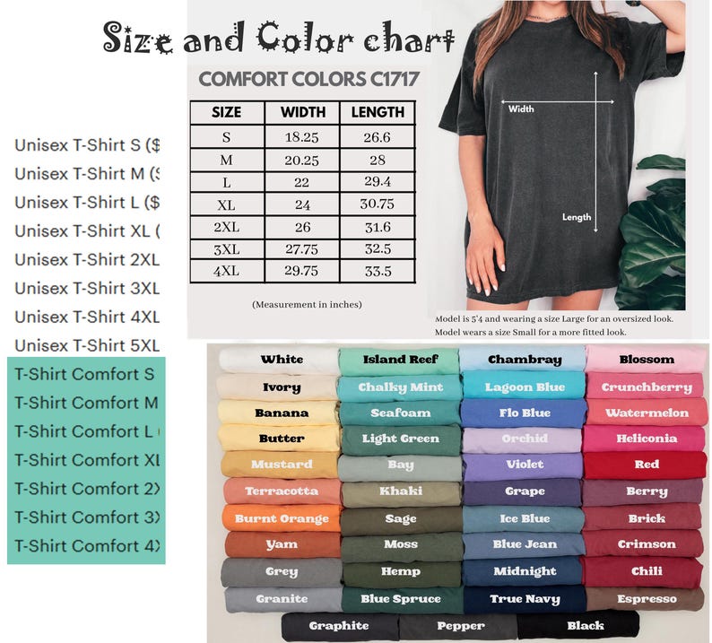 Puede incluir: Una tabla de tallas y colores para camisetas Comfort Colors C1717, con medidas en pulgadas. La tabla muestra las tallas S a 4XL, con dimensiones de ancho y largo. Una paleta de colores muestra varios tonos, incluyendo blanco, negro y azul.