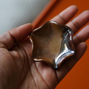 Könnte beinhalten: Eine kleine, sternförmige Schale mit metallischem Finish. Die Schale hat eine braune Innenseite und eine glänzende, silberfarbene Außenseite. Die Schale wird in einer Hand vor einem orangefarbenen Hintergrund gehalten.
