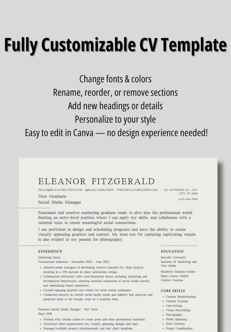 Editable Canva CV – ATS Friendly Professional Resume – Instant Download ...