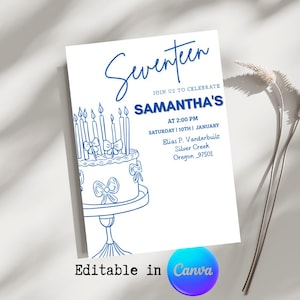 Seventeen Birthday Invitation Template, Blue Hand Drawn Cake Invite, 17th Birthday Party for Her, Modern Minimalist Script, Digital Download
