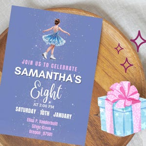 Ice Skating Birthday Invitation, Figure Skater Party Invite, Winter Wonderland Birthday, Blue and Purple Skating Invitation, Printed or Digi