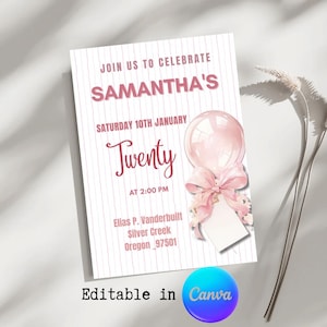 Coquette Pink Ribbon Birthday Invitation, Twenty Birthday Invite,Software Pink stripes ballon party, editable digital template,Aesthetic bow
