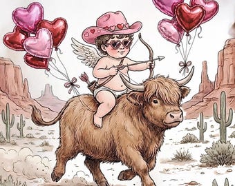 Cupidon western pour la Saint-Valentin (PNG), Cupidon vache des Highlands, rodéo du Far West, amour western vintage, dessin de cowboy pour la Saint-Valentin, rose et rouge tendance.