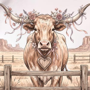 May include: White t-shirt featuring a watercolor illustration of a longhorn cow adorned with a floral crown and heart-shaped pendant. The cow stands behind a wooden fence, with a desert landscape in the background. The design is detailed and colorful.