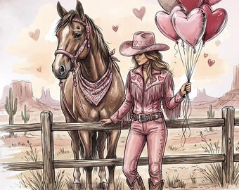 Cowgirl western pour la Saint-Valentin (PNG), Cowgirl preppy rose avec ballons en forme de cheval et de cœur, Salut la Saint-Valentin, Amour western romantique, Bisous