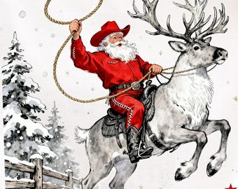 Retro Cowboy Santa PNG, Western Christmas Rodeo Sublimation, Santa Riding Reindeer Graphic, Rustic Country Holiday Shirt Design,Vintage Xmas