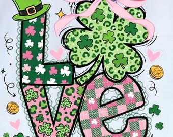 LOVE Shamrock PNG, nœud papillon Coquette pour la Saint-Patrick, trèfle porte-bonheur preppy dessiné à la main, style irlandais tendance et girly, style rétro irlandais rose et vert à coups de pinceau