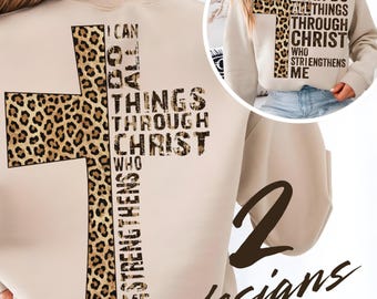 Je peux tout par le Christ qui me fortifie PNG, Philippiens 4:13, foi croix léopard rétro vintage, Amen, religieux, verset de la Bible