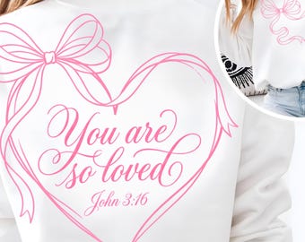 Nœud papillon Coquette, tu es tellement aimé(e) (PNG), Jean 3:16, verset biblique, t-shirt chrétien pour la Saint-Valentin, amour de Jésus, citation sur la foi, Saint-Valentin rétro tendance