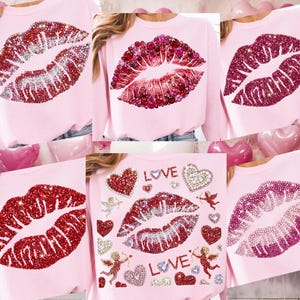 May include: Pink sweatshirts featuring rhinestone lip designs. Some designs include rhinestone hearts, cherubs, and the word "LOVE". The lips and heart designs use red, pink, and clear rhinestones. The sweatshirts are long-sleeved.