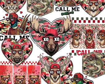 Pack rétro de chasse pour la Saint-Valentin (PNG) : cerf, canard, ours, orignal, sanglier, lynx, lièvre, faisan, caille et poisson (camouflage). Appelez-moi Chasseur ! Clipart de pêche.