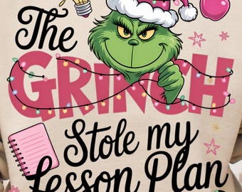 Image PNG du Grinch qui a volé mon plan de cours, Image PNG de Noël pour enseignants, Image PNG de Noël rose, Design vintage de film de Noël, Sublimation tendance et preppy pour Noël 2025