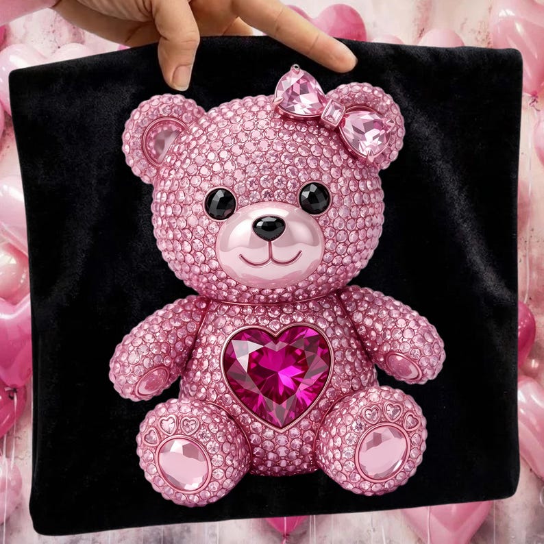 Puede incluir: Un oso de peluche rosa enjoyado con una gema en forma de coraz&oacute;n en el pecho, sobre un fondo negro. El oso est&aacute; cubierto de peque&ntilde;os cristales brillantes y tiene un lazo en la cabeza. Los ojos y la nariz del oso son negros.