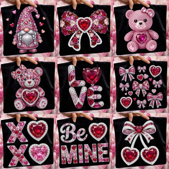 Diamond Valentine PNG Bundle, Jewelry Stones Heart, Rhinestone Be Mine, Sparkle Bling Crystal LOVE, Mosaic Jewels Teddy Bear, Cherry Bow