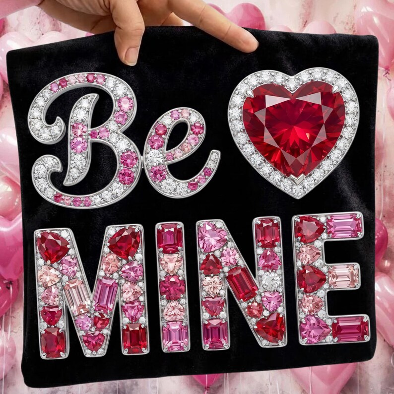 Puede incluir: Coj&iacute;n de terciopelo negro con las palabras "Be Mine" escritas con brillantes piedras preciosas rojas, rosas y transparentes. Tambi&eacute;n presenta una gran gema en forma de coraz&oacute;n. El coj&iacute;n est&aacute; sostenido por una mano.