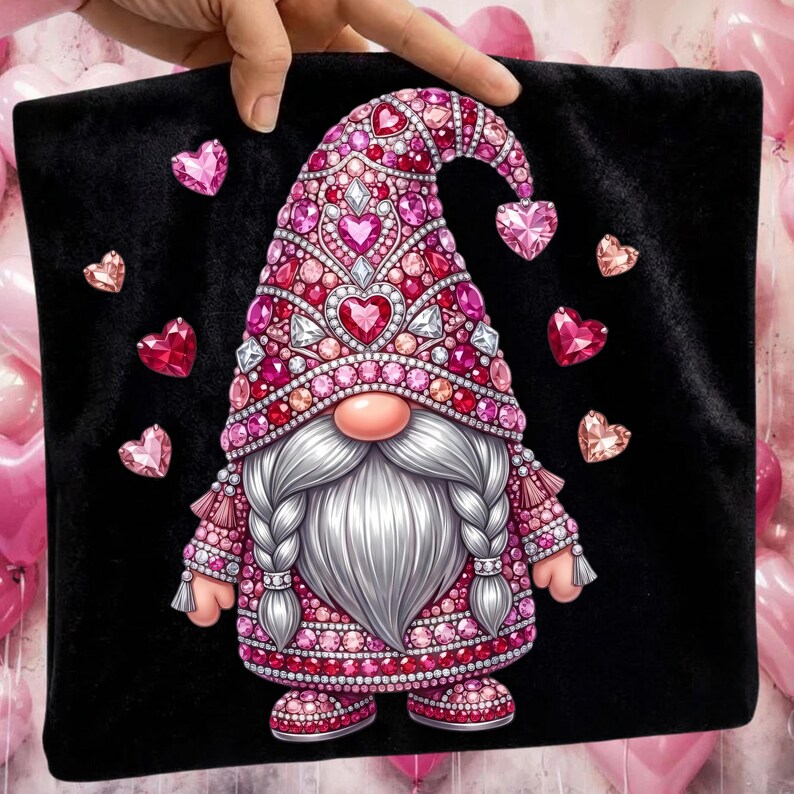 Puede incluir: Un coj&iacute;n negro con un dise&ntilde;o de gnomo. El gnomo tiene una larga barba blanca, una nariz rosada y un sombrero adornado con corazones y joyas. Gemas rosas en forma de coraz&oacute;n est&aacute;n dispersas alrededor del gnomo. El atuendo del gnomo est&aacute; decorado con joyas rosas y rojas.