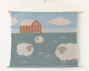 Farmhouse Knit Wall Art • Sheep Tapestry • Barn Textile Art • Country Nursery Decor