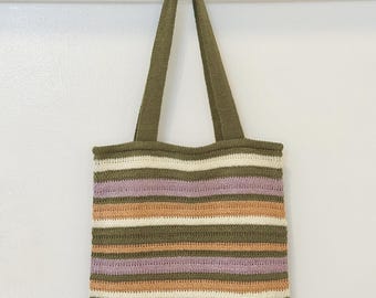 Striped Knit Tote Bag • Lightweight Shoulder • Pastel Market Tote • Everyday Purse