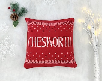 Personalized Knit Christmas Pillow Cover • Red Scandinavian Holiday Decor (12x12 Cover Only)