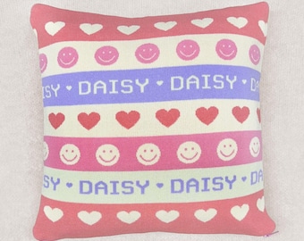 Personalized Knit Smiley Heart Pillow Cover • Custom Name Pastel Cushion (12x12 Cover Only)