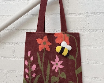 Floral Knit Tote Bag • Cottagecore Market Carryall • Botanical Garden Shoulder Purse • Wildflower Shopper