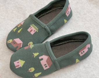 Knit Cottage House Slippers for Women • Village Pattern Cozy House Shoes