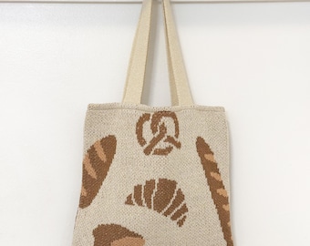 Bread Knit Tote Bag • Bakery Shoulder • Croissant Pretzel Loaf Market Tote • Foodie Gift