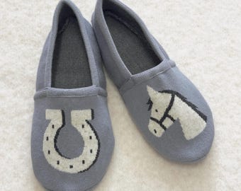 Horse Knit Slippers for Women • Cozy House Socks with Horseshoe Design • Equestrian Gift