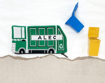 Personalized Knit Garbage Truck Pouch • Custom Name Zipper Bag for Kids