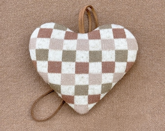 Heart Bag Charm • Knit Checkered Keychain • Neutral Heart Purse Accessory