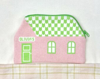 Personalized Knit House Pouch • Custom Name Zipper Bag • Travel Organizer Cosmetic Case