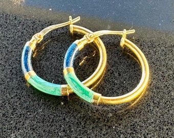 Italian 9K Gold Enamel Hoop Earrings Blue and Green 375