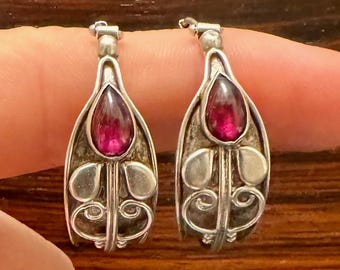Handmade Silver Garnet Drop Earrings | Artisan Vintage Teardrop Cabochons | Statement Red Stone Earrings