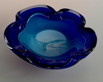Vintage Sommerso Art Glass Bowl, Cobalt Blue and Opaline, Lobed Rim, Murano Style, 1960s-70s