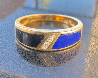 14K Gold Lapis Lazuli Onyx Ring with Two Diamonds Size P