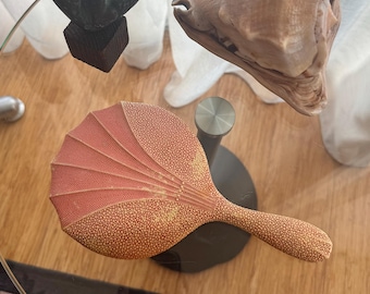 Vintage Bakelite Hand Mirror in Soft Coral Shagreen Texture