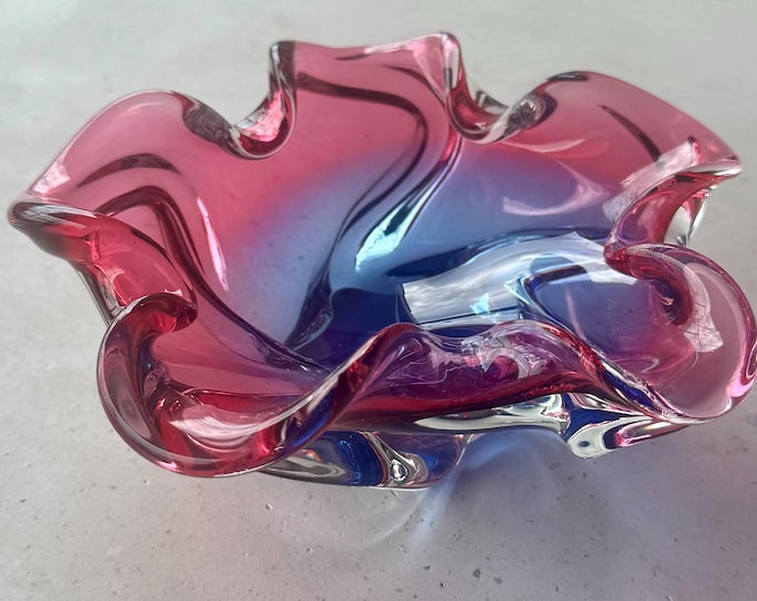 Featured listing image: Vintage Murano Style Sommerso Art Glass Bowl – Pink & Blue Ruffled Dish 16.5cm