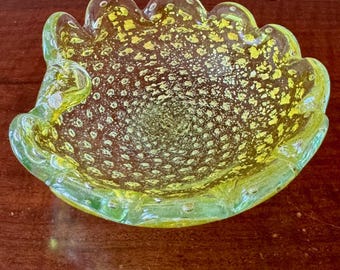 Vintage Neon Yellow Murano Style Art Glass Bowl with Silver Leaf