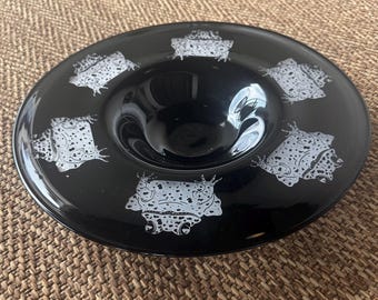 Large Handblown Black Art Glass Vessel with Frog Relief and Yellow Rim