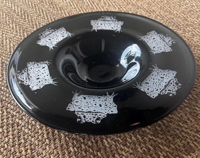 Featured listing image: Large Handblown Black Art Glass Vessel with Frog Relief and Yellow Rim